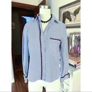 Stripes Blue and White Button Down Shirt with Red embellished piping detail